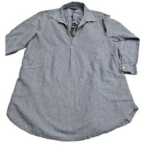 For Cynthia Womens Large Linen Blend Blue Pinstripe Yoke Dress NWT